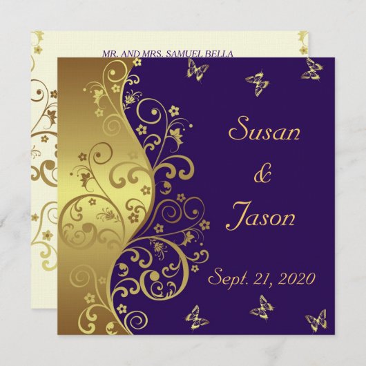 結婚式招待状--暗い紫色及び金ゴールドの渦巻 招待状 (正面/裏面)