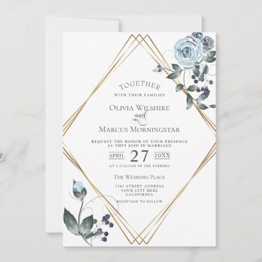 結婚式招待状 |水彩ほこりっぽい青フローラ 招待状 (正面)
