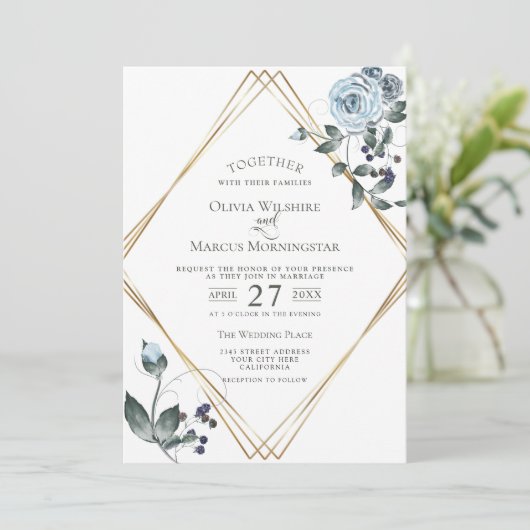結婚式招待状 |水彩ほこりっぽい青フローラ 招待状 (スタンド正面)