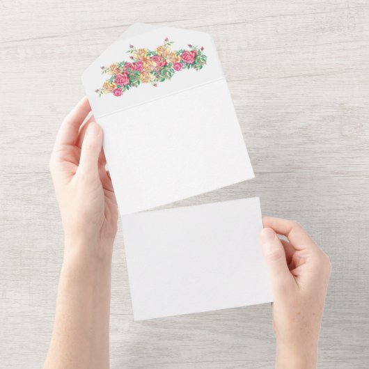 結婚式招待状、水彩バラ オールインワン招待状 (貼ってはがせる)