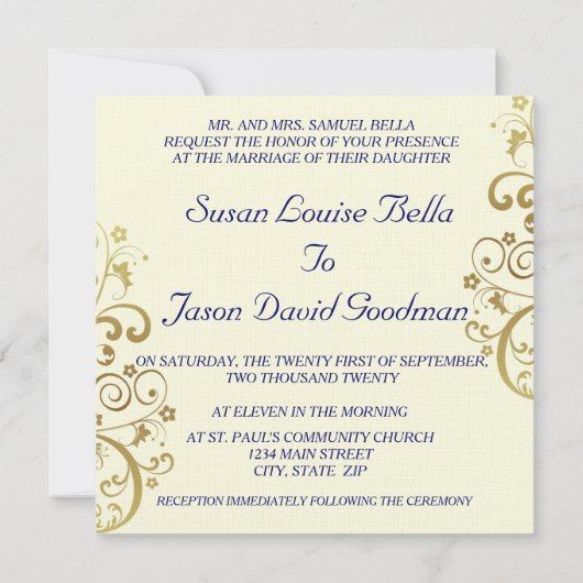 結婚式招待状：濃い青と金ゴールドが渦巻く 招待状 (裏面)