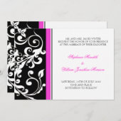 結婚式招待状 - 花柄 - 黒/ピンク 招待状 (正面/裏面)