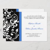 結婚式招待状 - 花柄 - 黒/青 招待状 (正面/裏面)