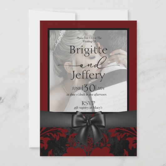 結婚式招待状 赤と黒の伝統的な写真 招待状 (正面)