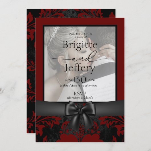 結婚式招待状 赤と黒の伝統的な写真 招待状 (正面/裏面)
