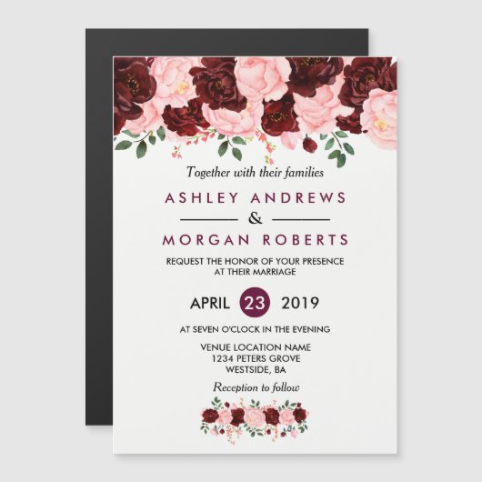 結婚式招待状:赤面ピンクブルゴーニュフローラ マグネット招待状 (正面/裏面)