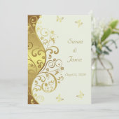 結婚式招待状:金ゴールドの渦巻きとアイボリー5x7 招待状 (スタンド正面)