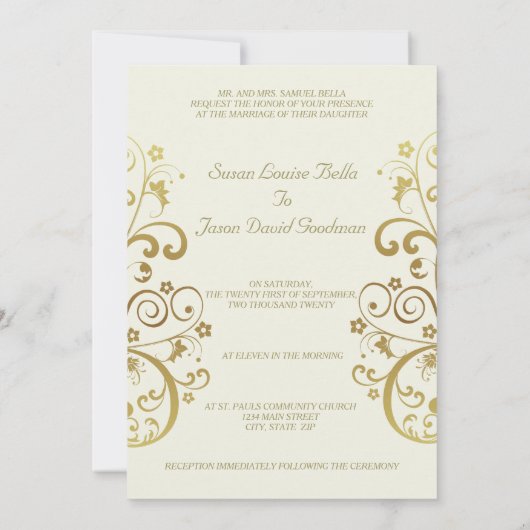 結婚式招待状:金ゴールドの渦巻きとアイボリー5x7 招待状 (裏面)