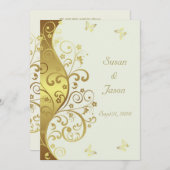 結婚式招待状:金ゴールドの渦巻きとアイボリー5x7 招待状 (正面/裏面)