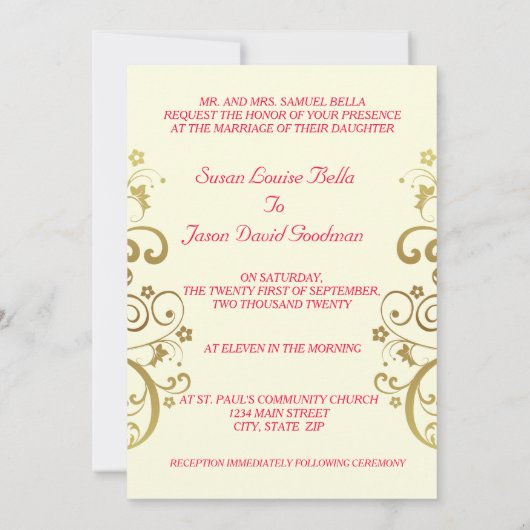 結婚式招待状--金ゴールドの渦巻及び赤い5x7 招待状 (裏面)