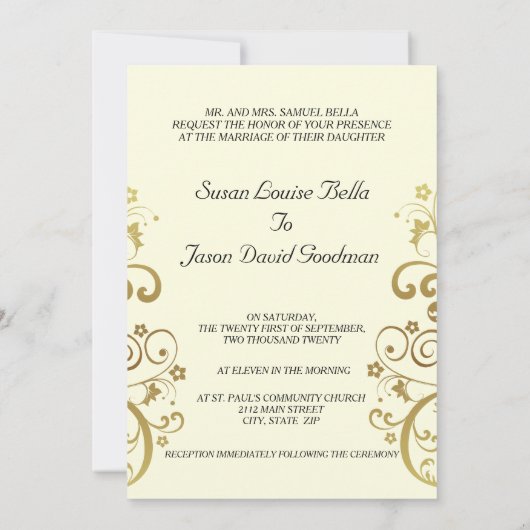 結婚式招待状--金ゴールド渦巻き旋回と黒5x7 招待状 (裏面)