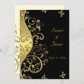 結婚式招待状--金ゴールド渦巻き旋回と黒5x7 招待状 (正面/裏面)