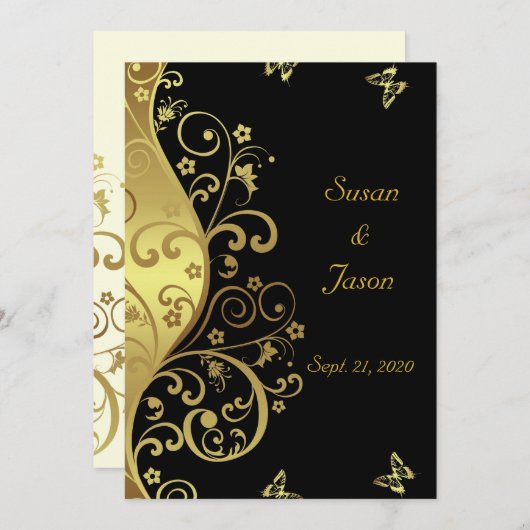 結婚式招待状--金ゴールド渦巻き旋回と黒5x7 招待状 (正面/裏面)