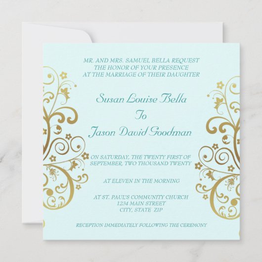 結婚式招待状--金ゴールド渦巻き旋回&ティール（緑がかった色） 招待状 (裏面)