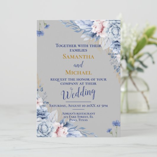 結婚式招待状:銀、花、出欠、QR 招待状 (スタンド正面)