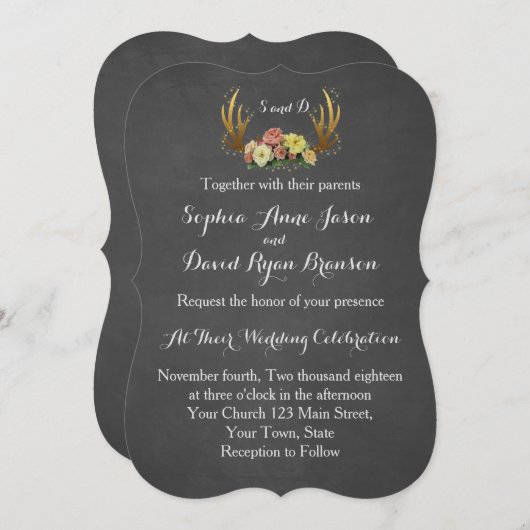 結婚式招待状 |〔雄ジカの〕枝角ユニークフローラチョーク 招待状 (正面/裏面)