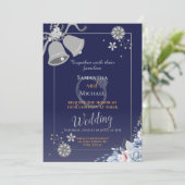 結婚式招待状：青と銀の鐘、RSVP、QRコード 招待状 (スタンド正面)