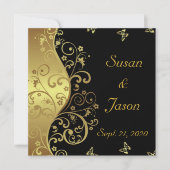 結婚式招待状- – 黒と金ゴールドの渦巻き 招待状 (正面)