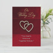 結婚式招待状- 2つのハートが1つ – 赤/金ゴールド 招待状 (スタンド正面)