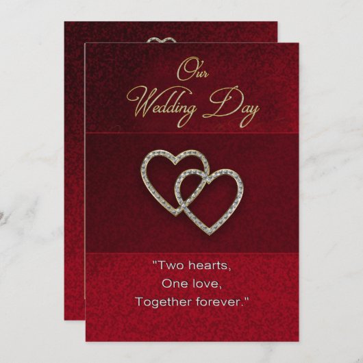 結婚式招待状- 2つのハートが1つ – 赤/金ゴールド 招待状 (正面/裏面)