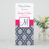 結婚式教会プログラムショッキングピンクの濃紺のダマスク織 プログラム (スタンド正面)