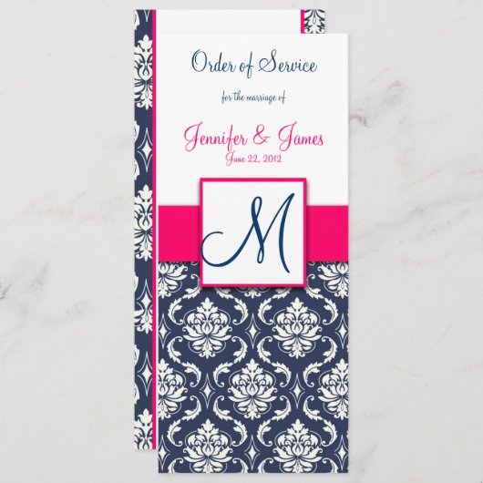 結婚式教会プログラムショッキングピンクの濃紺のダマスク織 プログラム (正面/裏面)