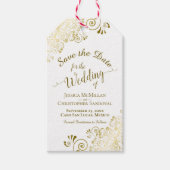 結婚式日鉛筆で私たち金ゴールドフリルを保存 ギフトタグ (正面)