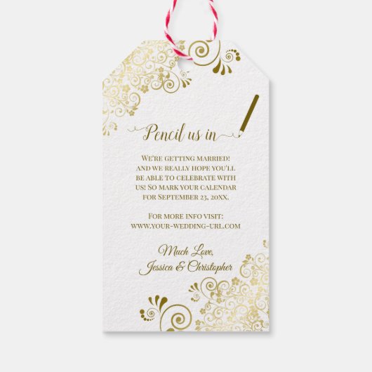 結婚式日鉛筆で私たち金ゴールドフリルを保存 ギフトタグ (裏面)