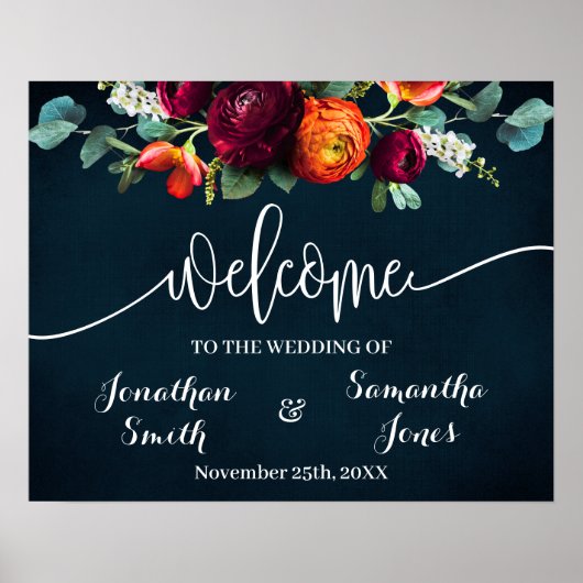 結婚式歓迎ワインネイビーバラガーランド看板 ポスター (正面)