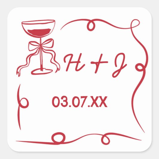 結婚式用シールお洒落手描きイラストレーション スクエアシール (正面)