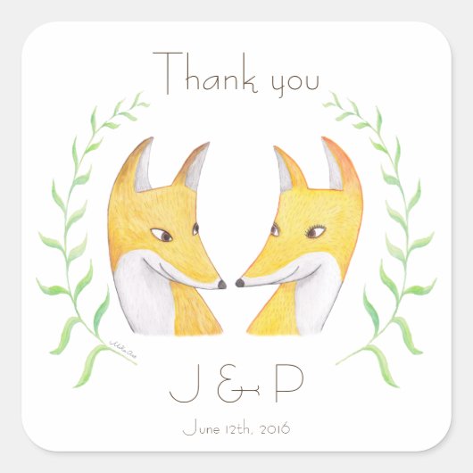 結婚式用シールキツネ結婚式の引き出物シールキツネ スクエアシール (正面)