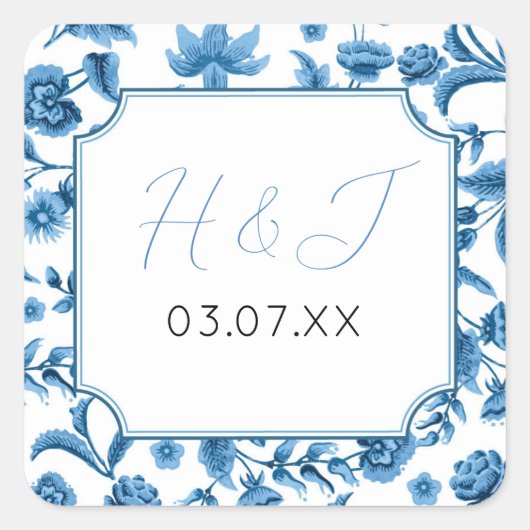 結婚式用シールチンツブルー&ホワイトフローラディティ スクエアシール (正面)