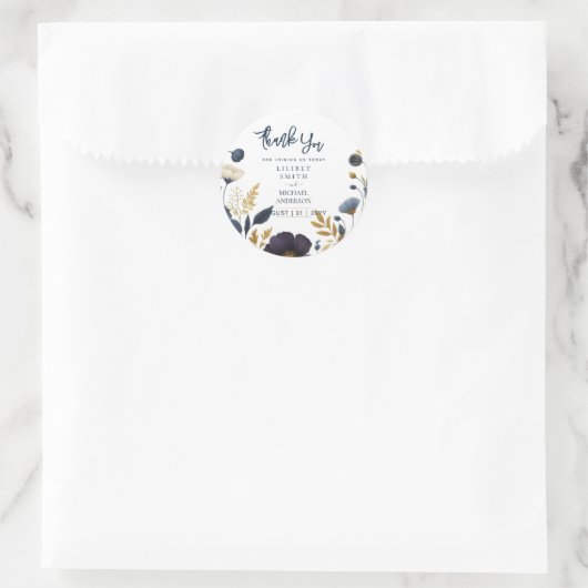 結婚式用シール |ネイビーイエロー金ゴールドフローラ エレガント ラウンドシール (バッグ)