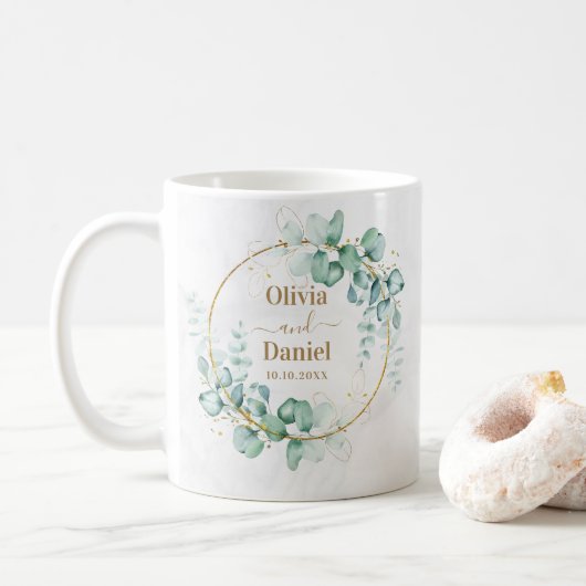結婚式用ボタニカル ゴールド グリーナリー 名入れ コーヒーマグカップ (ドーナツ)