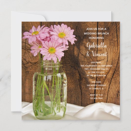結婚式翌日のピンクのデイジーとメイソンジャーを使ったカントリー風のポストウェディング ブランシュ 招待状 (正面)