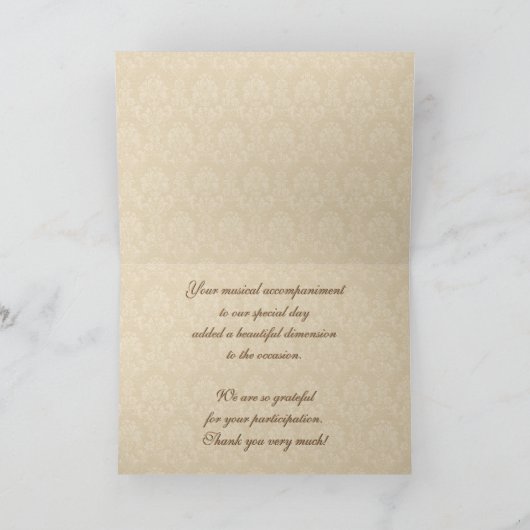 結婚式音楽は白および金ゴールドのピアノとの感謝していしています サンキューカード (内部)