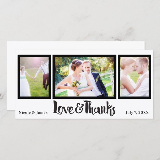 結婚式3枚の写真ラブ&サンクススクリプトありがとうございます サンキューカード (正面/裏面)