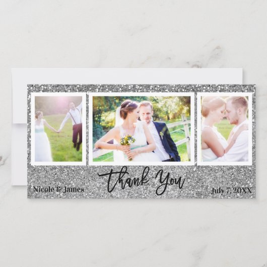 結婚式3枚 写真 シルバーグリッター サンクス サンキューカード (正面)