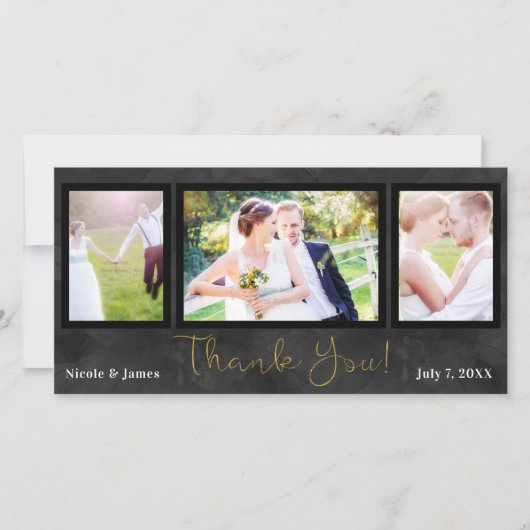 結婚式3枚 写真 黒金 謝辞 サンキューカード (正面)