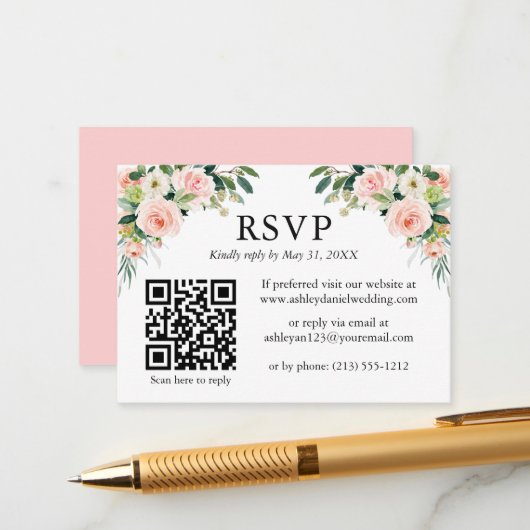 結婚式 ウェディング 水彩 ピンク 白 花 QR RSVP エンクロージャーカード (正面/裏面インサイチュ)