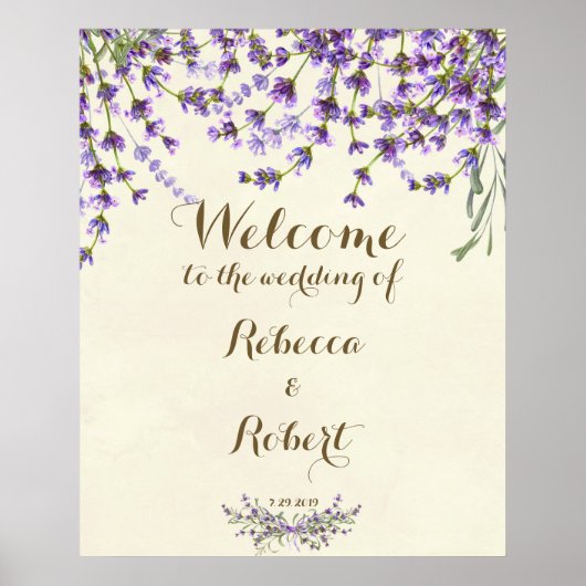 結婚式 ウェルカムサイン 象牙 ラベンダー 紫 花 ポスター (正面)