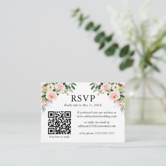 結婚式 ウォーターカラー ピンク 白 花 QR RSVP エンクロージャーカード (スタンド正面)