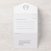 結婚式 ダークブルー 白 オーバル 葉のモノグラム オールインワン招待状 (外側)