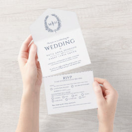 結婚式 ダークブルー 白 オーバル 葉のモノグラム オールインワン招待状