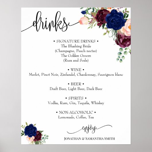 結婚式 ドリンクメニュー 看板 ネイビー ワインレッド 花 ポスター (正面)