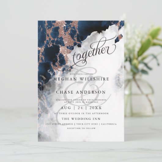 結婚式 | ネイビーブルーのバラ ゴールドのジオード ウォーターカラー (スタンド正面)