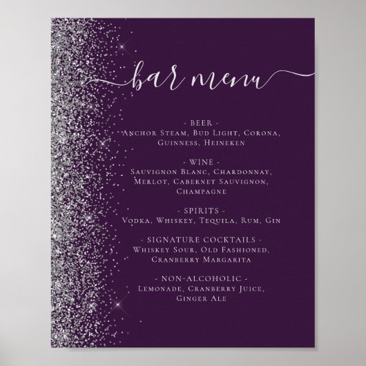 結婚式 バーメニュー ダークパープル シルバーグリッター ポスター (正面)
