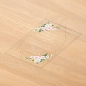 結婚式, ピンクの花, 白い花, グリーン アクリル招待状 (レイダウン)