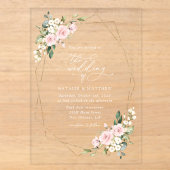 結婚式, ピンクの花, 白い花, グリーン アクリル招待状 (正面)