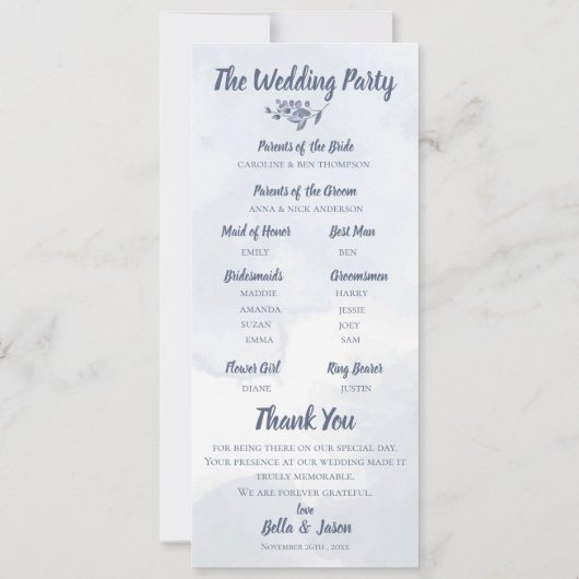 結婚式 プログラムかわいい水色ほこりっぽいブルーフローラ 招待状 (裏面)